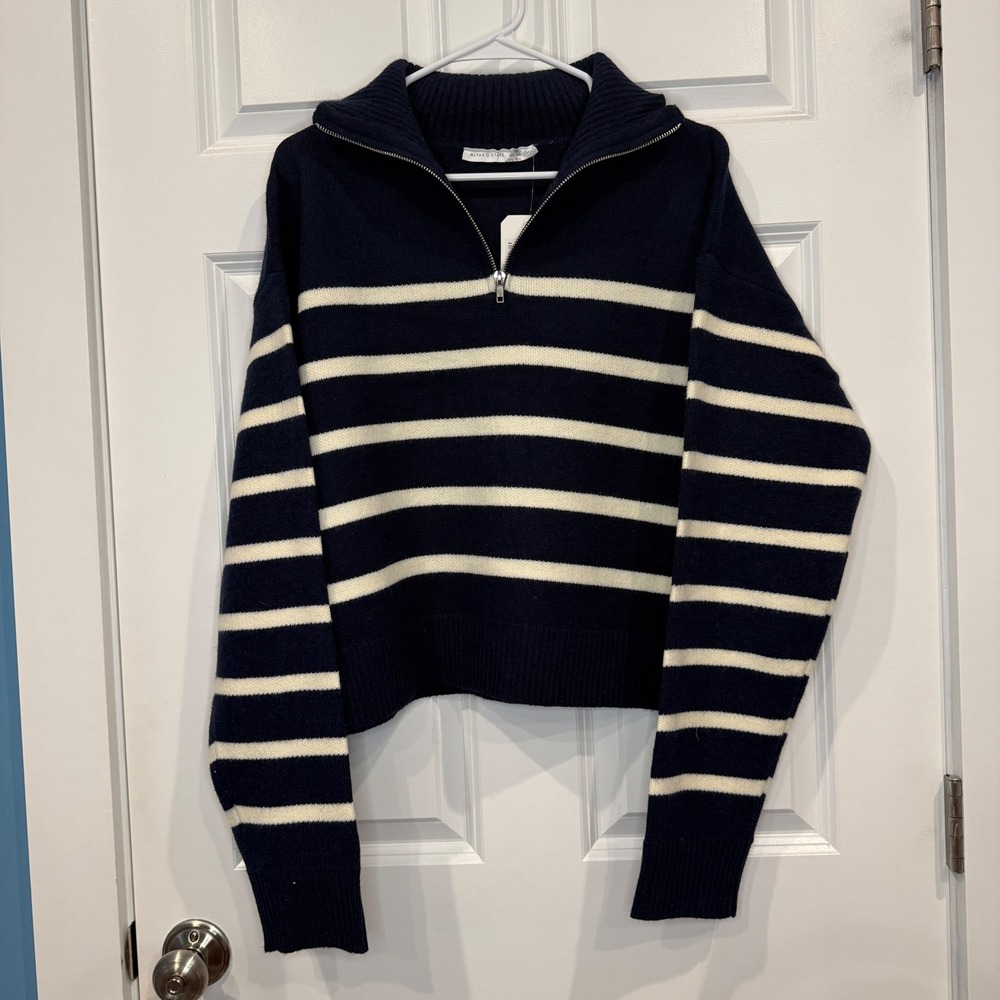 Altar'd State Navy Cream Striped Quarter Zip Sweater Mock Neck Size Large - Picture 2 of 5